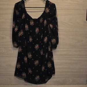Navy Blue and Pink Floral Flowy Dress. Off the Shoulders